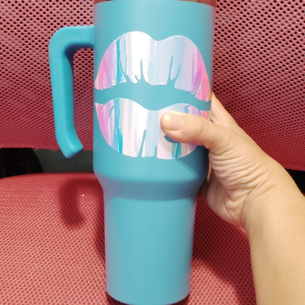 Custom Teal Tumbler with Iridescent Lips Design - Picture 1 of 2